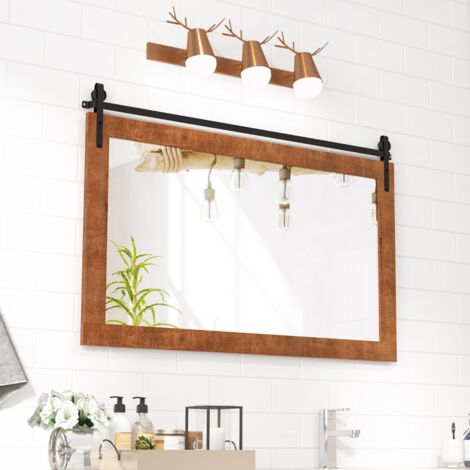 100 X 66CM Miroir Murale de Ferme Style Porte de Grange Rectangulaire Miroir Murale avec Cadre en Bois Massif & Support en Métal Marron (1/5)