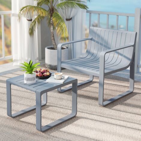 Salon de Jardin 2 Pièces avec Table Basse Carrée Ensemble de Mobilier de Patio en PP Résistante aux Intempéries Gris (1/5)