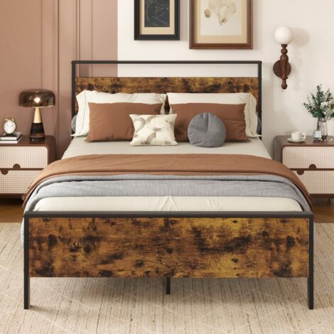 Cadre de Lit 140x200cm avec Sommier en Métal Lit Plateforme avec Tête en Bois Lattes 32CM Pas Besoin de Sommier Marron Rustique (1/5)