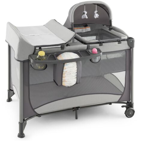 Lit Bébé 5 en 1 Lit Parapluie Pliable Parc Bébé Table à Langer avec Berceau Matelas Amovible Jouets Gris