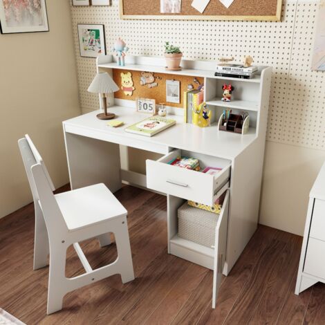 Ensemble Bureau et Chaise d'Étude pour Enfants Table d'Écriture avec Étagères Tiroir Armoire de Rangement Cadeau pour 3+ Ans Blanc (1/5)