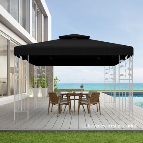 Toile de Rechange Double Toit pour Pavillon de Jardin 3 x 3M en Polyester Impérméable Haute densité 160g/m² Toile de Toit pour Pavillon Noir (1/5)