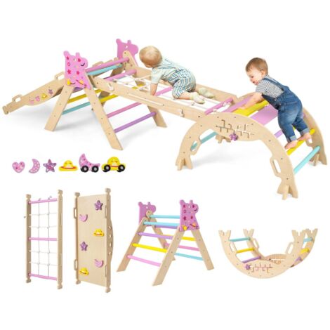 Triangle Jouets d'Escalade pour Bébé Pliables Ensemble d'Escalade Montessori en Bois Aire de Jeux Intérieure avec Arche Rampe Rose