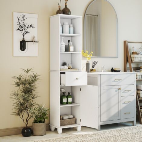 Armoire de Salle de Bain Haute 172 cm Armoire Étroite sur Pied avec 3 Étagères Ouvertes 1 Tiroir 1 Porte Meuble de Rangement Blanc (1/5)