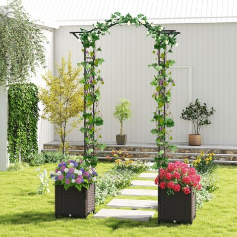 208 x 250cm Treillis d'Arche de Jardin avec 2 Jardinières Auto-irriguantes Roues Pergola en Métal Revêtu de PE Antirouille Noir
