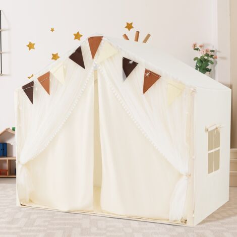 Tente de Jeu pour Enfants avec Rideaux en Tissu et Moustiquaire Lumières Etoilées Fanions à Carreaux pour Les 3 Ans et Plus Beige