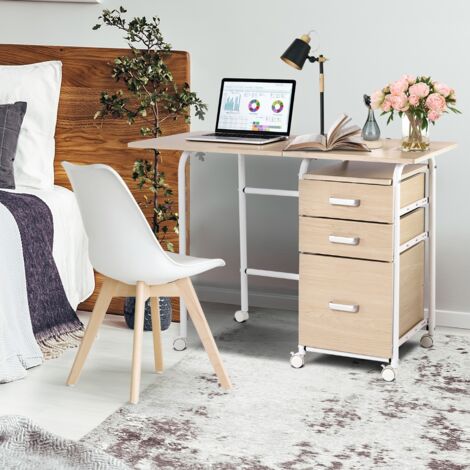 Bureau Pliable avec 3 Tiroirs, Table d'Écriture Roues Verrouillables (Marron) - Gamm vert