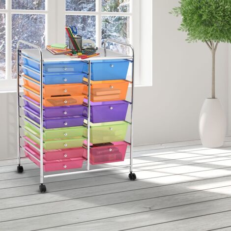 Chariot de rangement roulant, 15 tiroirs amovibles desserte pour bureau classeur à roulettes 63x37x87cm Multicolore (1/5)