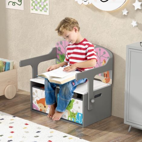 Chaise Enfants Convertible à Ensemble Table et Banc avec Fonction de Rangement 2 Bacs en Tissu Amovibles Gris (1/5)