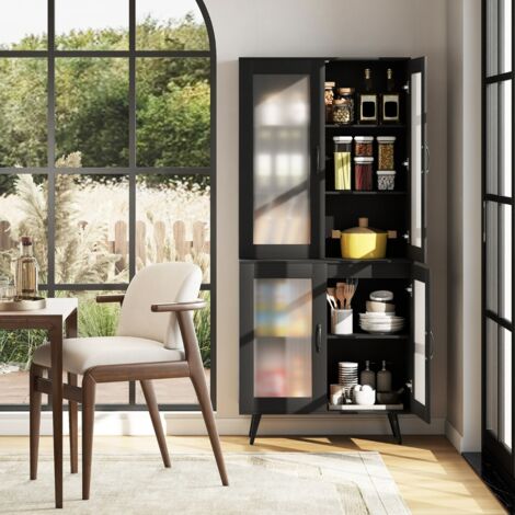Buffet de 178,5cm de Haut avec 4 Portes Transparentes Étagère Réglable Buffet Indépendant avec Pieds en Métal Noir (1/5)