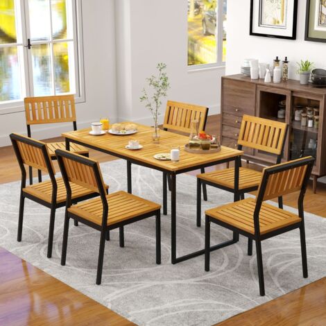 Table à Manger en Bois d'Acacia pour 6 Personnes Table Rectangulaire avec Plateau à Lattes Cadre en Métal&Trou pour Parasol Charge 75 kg (1/5)