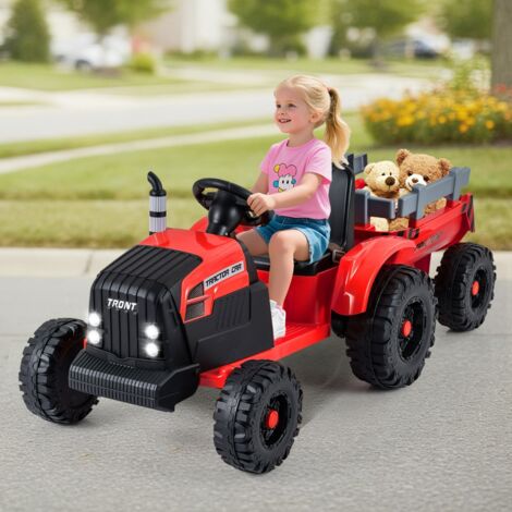 Tracteur Électrique 24V pour Enfants avec Remorque Amovible Télécommande Musique Port USB Démarrage en Douceur Phares LED pour 3-8 Ans Rouge