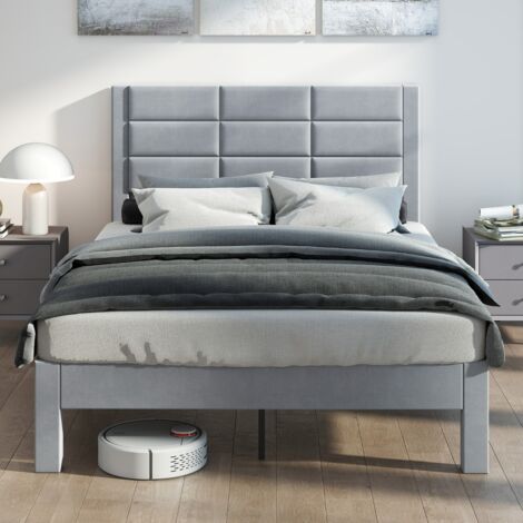 Lit Plateforme Rembourré Cadre de Lit Double 200 x 140 CM avec Tête de Lit en Velours Doux et Lattes en Bois Charge 25 kg Gris (1/5)