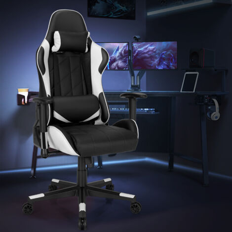 Chaise Gaming Réglable à Dossier Inclinable de 90°-160° avec Appui-tête Renfort Lombaire et Accoudoirs Rembourrés Blanc (1/5)