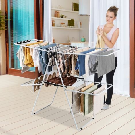 Étendoir Linge Pliable 33 Barres 26 Pinces à Chaussettes Sechoir à Linge à 2 Niveaux Grande Surface d'Etendage en Acier (1/5)