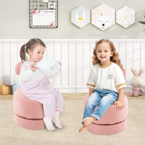 Ensemble de 2 Chaises Pivotantes 360° Tabourets pour Enfants en Velours Teddy avec Dossier en Nœud et Siège Rembourré en Mousse Rose (1/5)