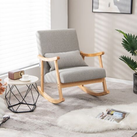 Fauteuil à Bascule Chaise à Bascule Rembourrée avec Dossier Haut et Coussin de Siège Rembourré Cadre en Bois de Caoutchouc Gris (1/5)