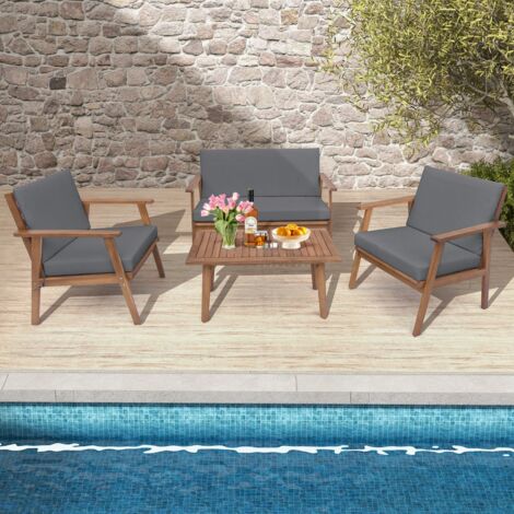 Ensemble de Meubles d'Extérieur 4 Pièces en Bois d'Acacia Salon de Jardin avec Table Basse Rectangulaire Coussins d'Assise Gris (1/5)