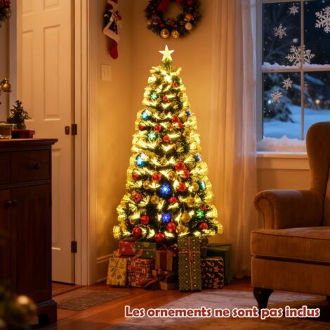 Sapin de Noël Artificiel Illuminé de 150 cm avec 8 Modes d'Éclairage 170 Branches 20 Flocons de Neige Arbre de Noël avec une Étoile Vert (1/5)