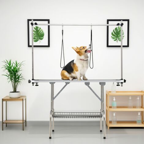 Table de Toilettage pour Chiens Station de Bain à Domicile Pliable avec Bras Réglables en Hauteur Laisses Pinces Plateau en Maille Noir (1/5)