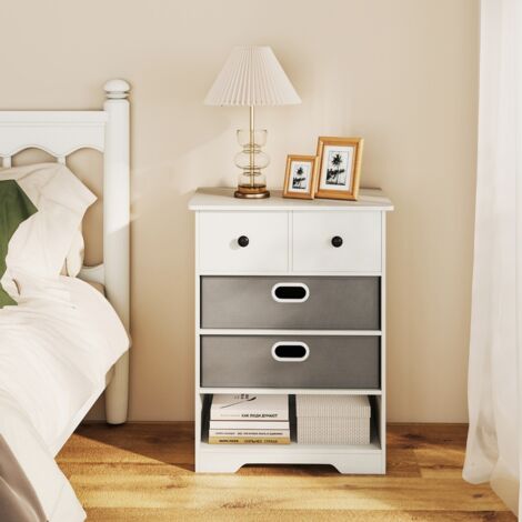 Commode à 4 Tiroirs Rangement Moderne avec Étagères Ouvertes Table de Chevet Autoportante avec Kits Anti-basculement Blanc (1/5)