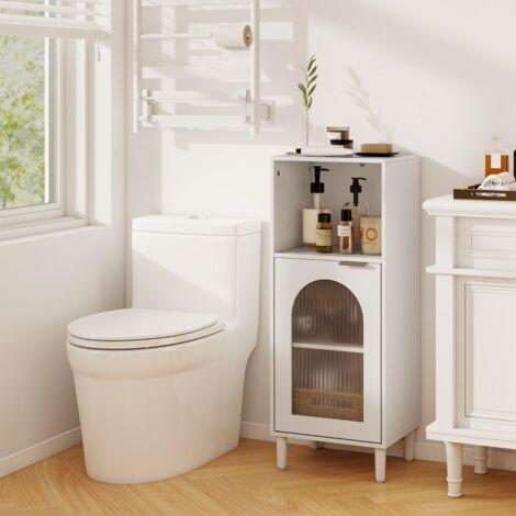 Armoire de Salle de Bain Étroite avec Compartiment Ouvert et Porte en Verre Commode en Bois avec Étagère Réglable 35 X 30 X 90 Cm Blanc (1/5)