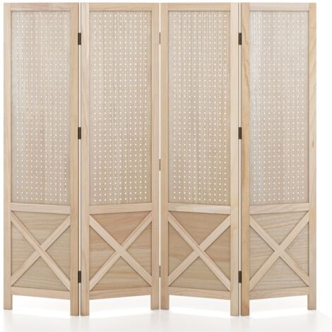 COSTWAY Paravent Intérieur 4 Panneaux 151 X 144 Cm - Séparateur De Pièce Pliable En Bois De Paulownia Naturel