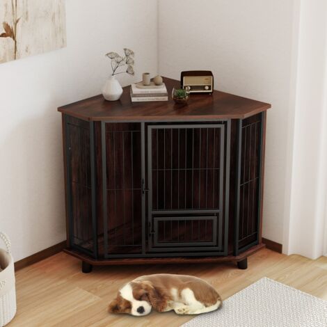 Cage pour Chien d'Angle avec Porte Verrouillable de Nourriture 3 Pieds en Bois de Caoutchouc Cadre Métallique Large Plateau de Travail
