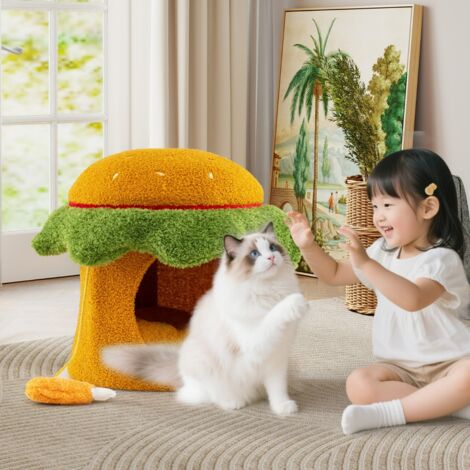 Lit pour Chat Mignonne Condo en Forme de Hamburger avec Perchoir Rembourré Jouet Suspendu en Peluche Coussin Amovible Lavable Orange (1/5)