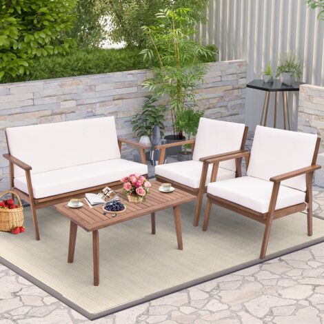 Ensemble de Meubles d'Extérieur 4 Pièces en Bois d'Acacia Salon de Jardin avec Table Basse Rectangulaire Coussins d'Assise Blanc (1/5)