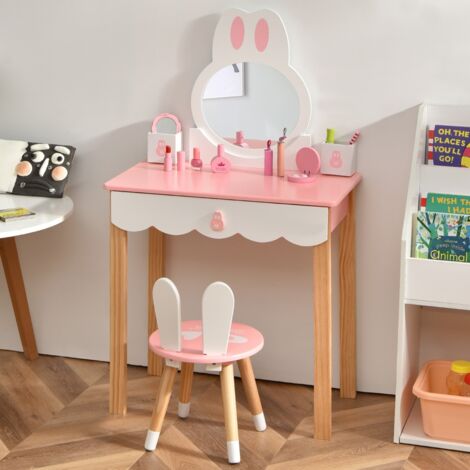 Coiffeuse avec Tabouret pour Enfants Miroir Amouvible avec 1 Tiroirs 2 Boîtes de rangement Rose (1/5)