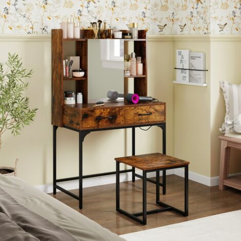 Coiffeuse avec Miroir - RELAX4LIFE - 2 en 1 - Station de Charge - Plateau Rabattable - 6 Compartiments - Charge 65KG - Naturel - Maison