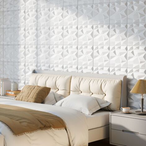 Lot de 50 Panneaux Muraux 3D Décoration Murale en PVC Résistant au Feu avec Accent Diamant Panneaux Carrés 30 x 30cm Couvre 4,5m2 Blanc (1/5)