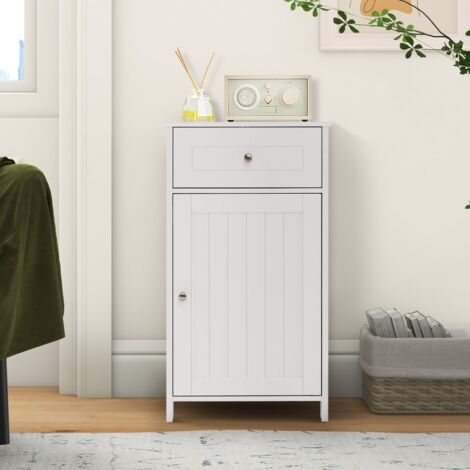 HOMCOM Meuble Salle De Bain Sur Pied - Rangement Avec Placard Bambou Et Étagère Réglable, Blanc 35x30x120 Cm