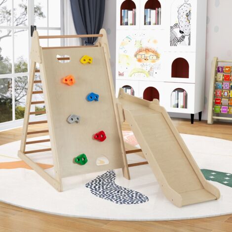 Structure d'Escalade 3 en 1 Aire de Jeux Intérieure pour Tout-Petits avec Toboggan Prolongé Escalade de Rochers pour 3+ Ans Naturel (1/5)