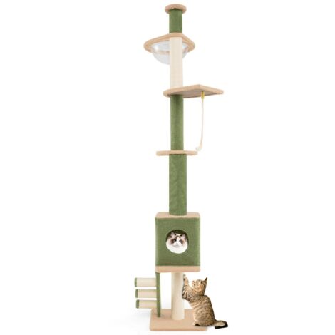 Arbre à Chat du Sol au Plafond avec Hauteur Réglable Poteau Supplémentaire Tour pour Chat à 5 Niveaux Capsule Spatiale Condo Vert et Marron (1/5)