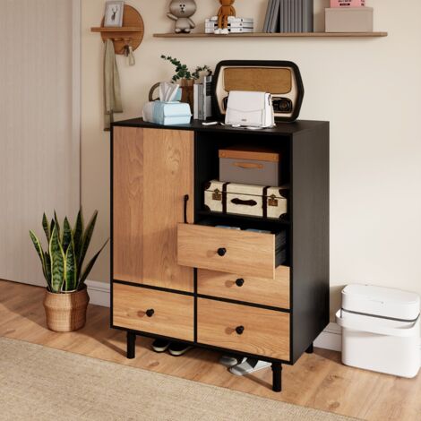 Buffet avec Rangement Bahut Moderne Milieu du Siècle avec 4 Tiroirs & Compartiment Ouvert Meuble Autonome avec Pieds Métalliques Noir (1/5)