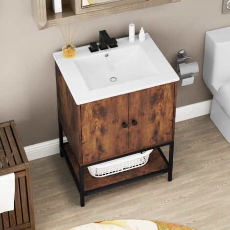 Meuble de Salle de Bain avec Lavabo Meuble de Rangement avec Lavabo en Céramique 2 Portes et Etagère Ouverte Marron Rustique (1/5)