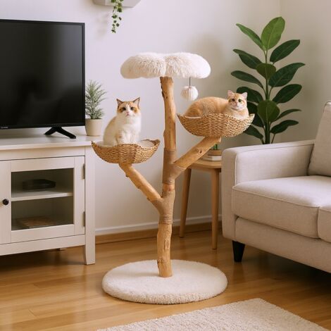 Arbre à Chat Moderne Tour de 122 cm avec Branches en Bois Véritable et Perchoir Fleuri 2 Paniers en Rotin Griffoir en Jute Naturel Blanc (1/5)