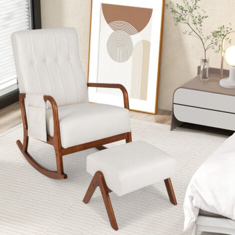 Fauteuil à Bascule avec Pouf Siège Rembourré en Tissu avec Dossier Capitonné Structure en Bois d'Hévéa Naturel Poche Latérale Beige (1/5)