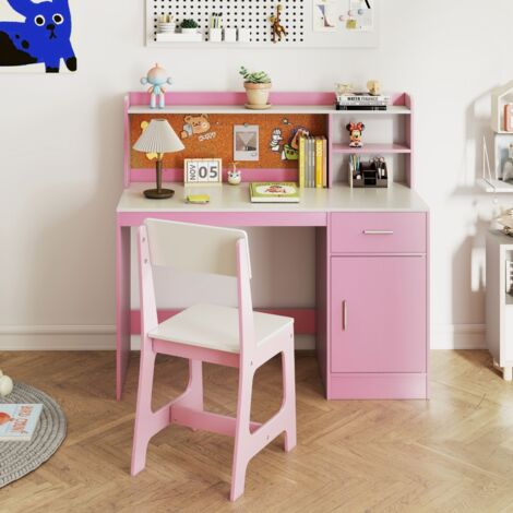 Ensemble Bureau et Chaise d'Étude pour Enfants Table d'Écriture avec Étagères Tiroir Armoire de Rangement Cadeau pour 3+ Ans Rose (1/5)