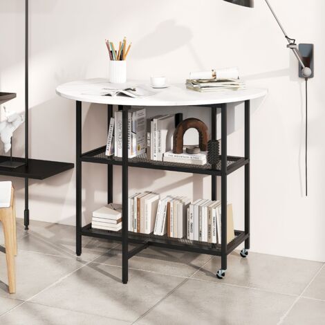 Table Pliante Mobile pour 2 à 4 Personnes Table Pliante Ronde avec 2 Compartiments de Rangement et Roulettes Verrouillables Blanc (1/5)