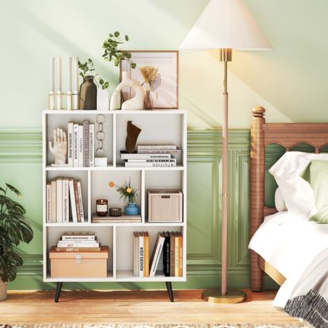 Étagère à 7 Cubes Organisateur de Rangement Moderne avec 4 Pieds Métalliques Effilés Étagère Autoportante avec 2 Kits Antichute Blanc (1/5)