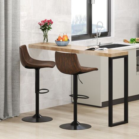 Lot De 2 Tabourets De Bar Réglables 62-83 Cm - Pivotants, Repose-Pieds, Similicuir Noir/Marron Pour Cuisine Et Salon