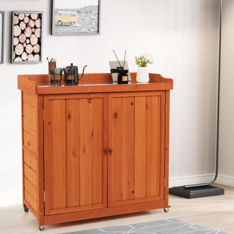 Costwy Rangement de Jardin Armoire en Bois Table de Jardinage avec Etagère Amovible 4 Roues Universelles Plateau en Acier Galvanisé (1/5)