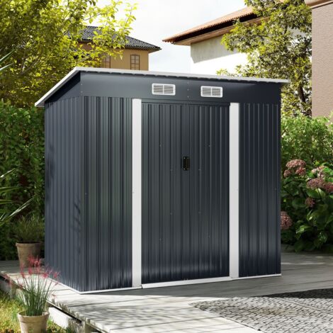 Abri de Jardin Extérieur Rangement pour Équipement avec Toit Incliné Porte Coulissante et Aérations Structure en Métal Gris (1/5)