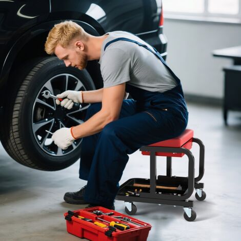 Tabouret d'atelier roulant à hauteur réglable, capacité de charge 136 kg, tabouret de mécanicien pneumatique, siège de garage rembourré pivotant 360° avec roulettes, pour réparation automobile | FR