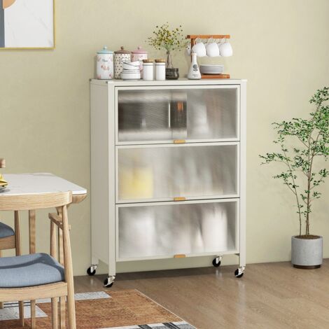 Étagère de Cuisine à 4 Niveaux avec Portes Rabattables Support de Micro-ondes en Métal sur Roulettes Universelles Verrouillables Blanc (1/5)