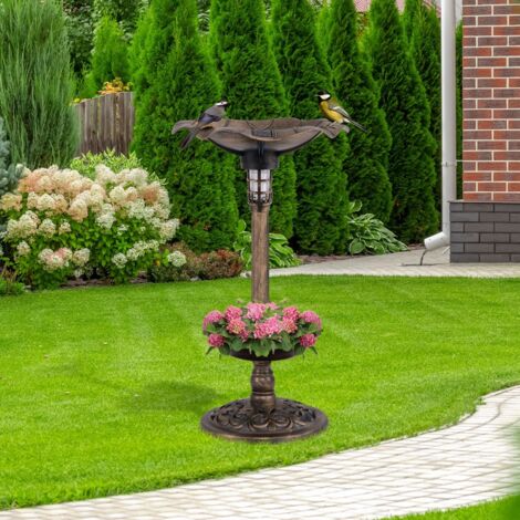 Bain d'Oiseaux Solaire Extérieur Combo sur Piédestal et Mangeoire avec Bol en Feuille de Lotus Jardinière Lampe Solaire Bronze Antique