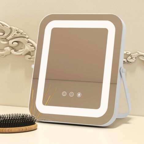 Miroir Maquillage Carré 25x30CM Lumière LED Réglable Écran Tactile Rotation à 360° Fonction Mémoire Support en Métal 3 Couleurs d'Éclairage (1/5)